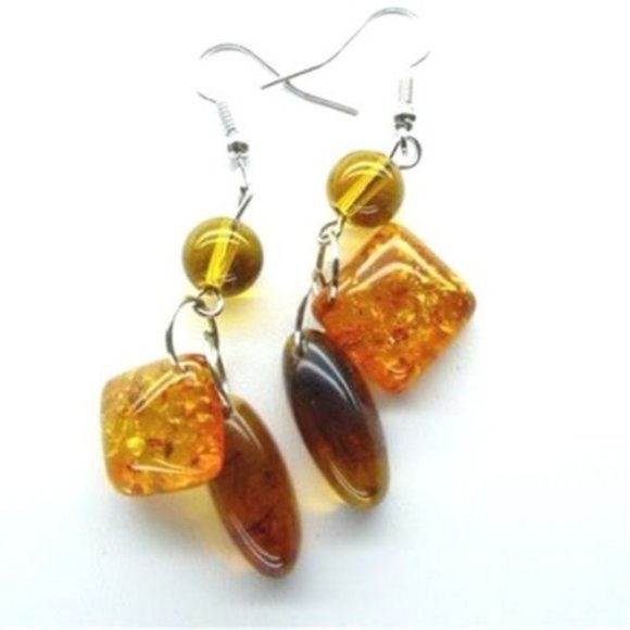 Honey Amber Earrings Orange Brown Dangle Simulated Stones Silver Plated - Picture 1 of 1